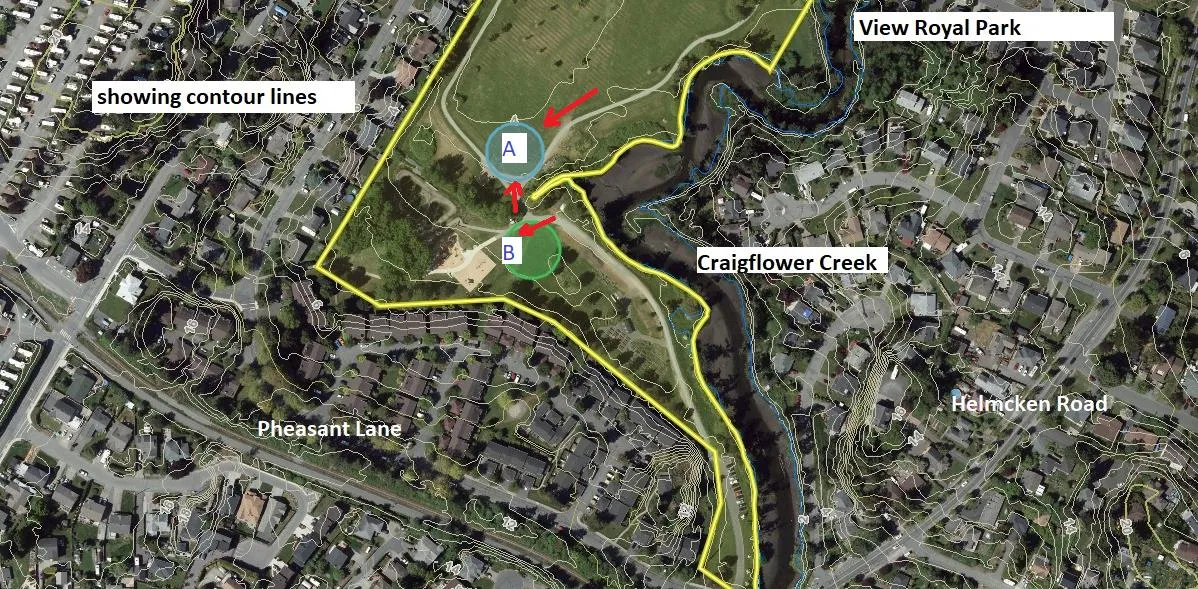 Aerial map of View Royal Park showing location options A and B, with labels for Craigflower Creek, Pheasant Lane, Helmcken Road, and contour lines.