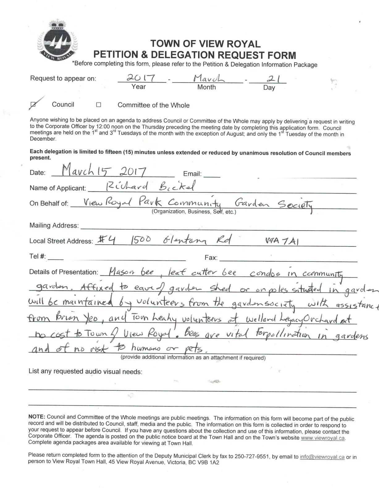 Petition & Delegation Request Form submitted by Richard Bickel on behalf of the View Royal Park Community Garden Society