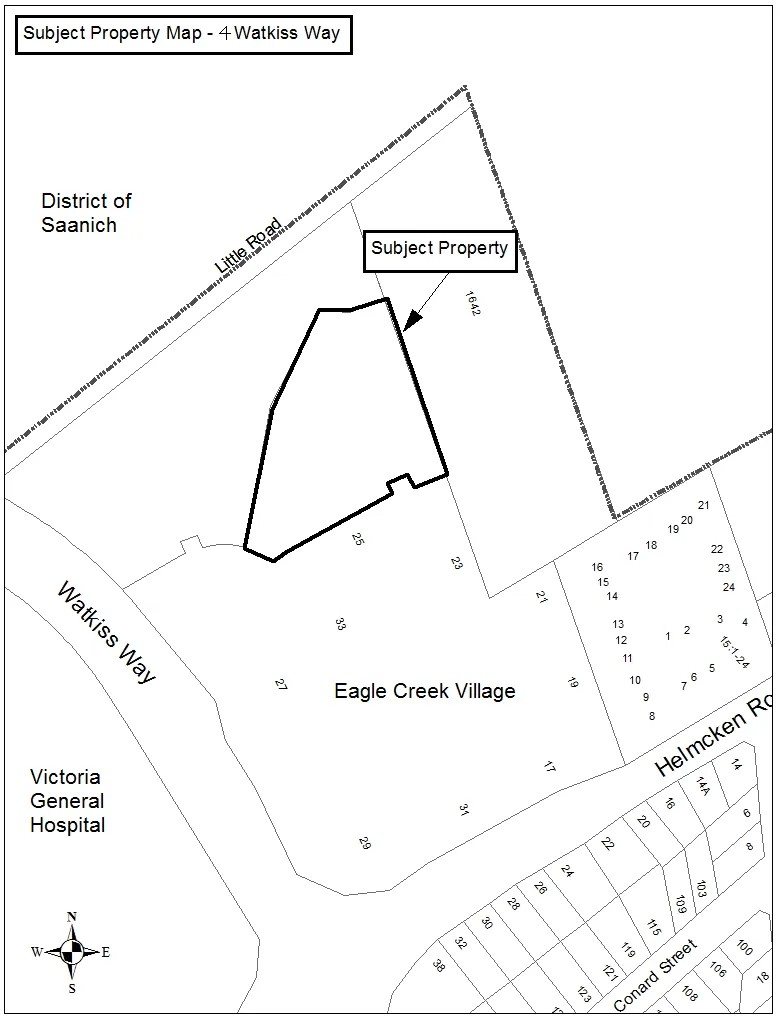 Subject Property Map - 4 Watkiss Way showing the subject property boundary relative to local features including Little Road, Watkiss Way, Eagle Creek Village, Victoria General Hospital, and Helmcken Road.