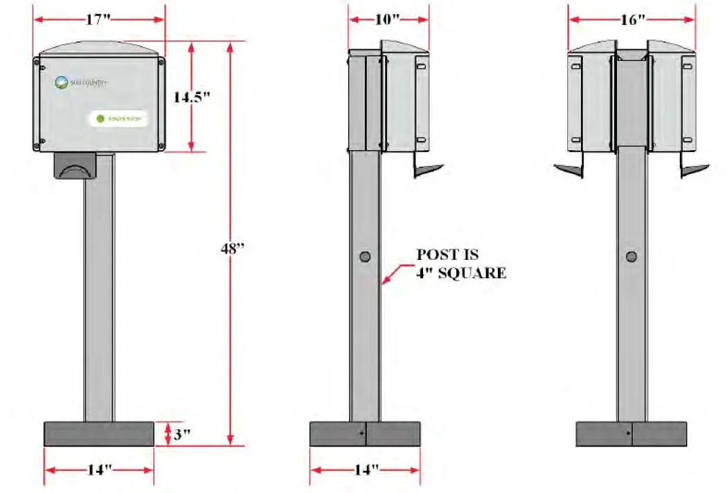 Engineering diagrams of single and dual pedestal mounts showing dimensions: 48 inch total height, 17 inch head width, 14 inch base width, and 4 inch square post