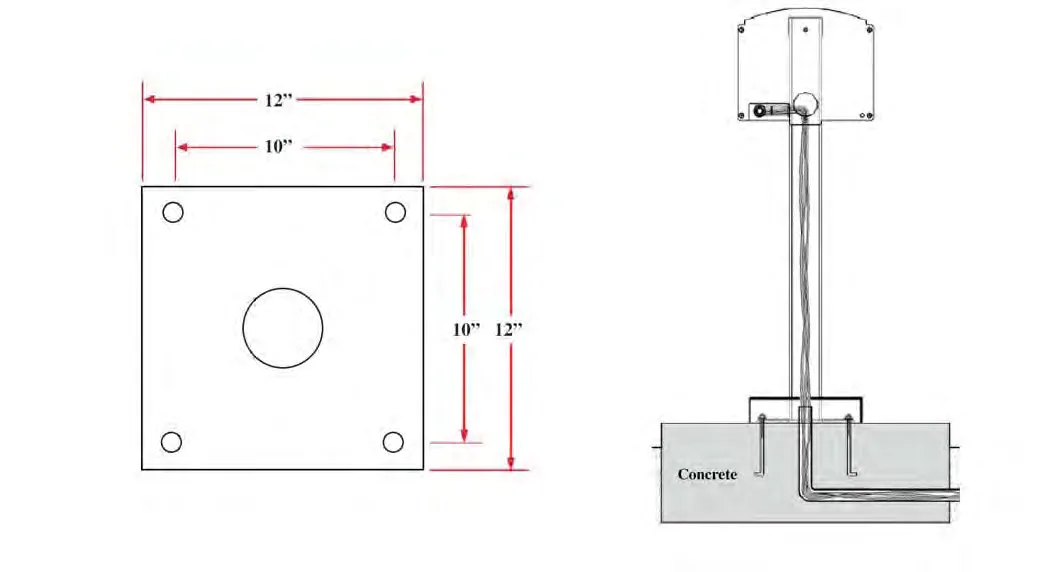 Detailed diagram of the 12 inch by 12 inch pedestal base plate and its 10 inch square bolt pattern
