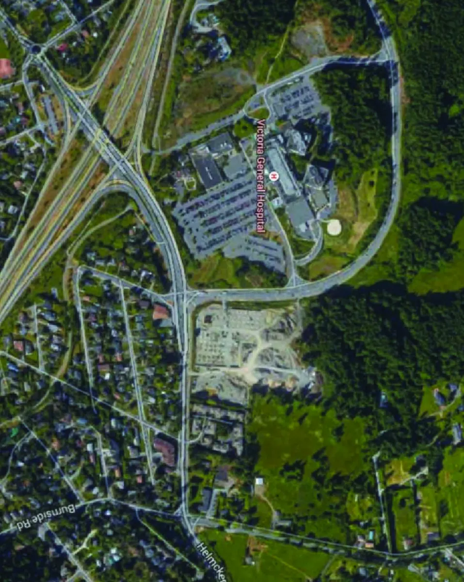 Satellite image showing the project location at the intersection of Helmcken Rd and Burnside Rd, adjacent to Victoria General Hospital.
