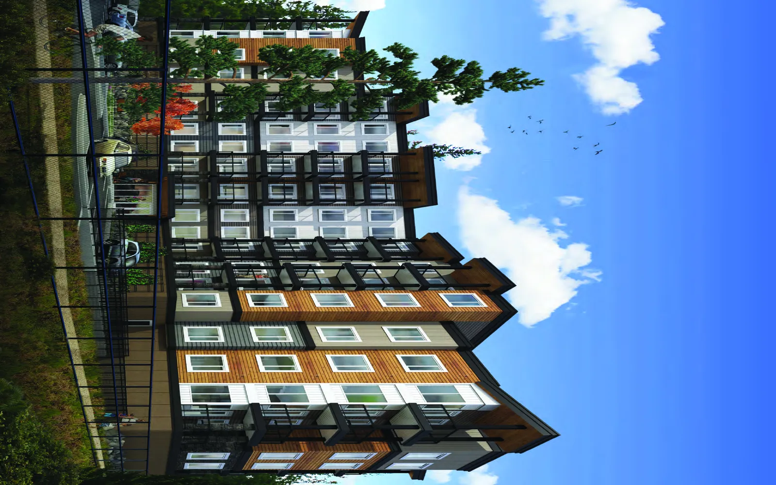 Architectural rendering showing the exterior of the multi-story North Building at Eagle Creek Village Phase 2, featuring wood-look, grey, and white siding with glass balconies, viewed from a park pathway behind a black fence.