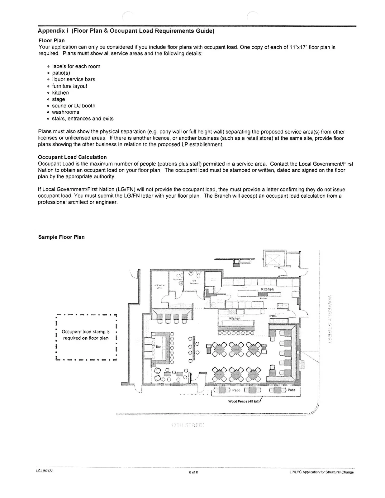 Sample Floor Plan diagram showing layout of a kitchen, bar, POS station, and patio with a 4ft tall wood fence