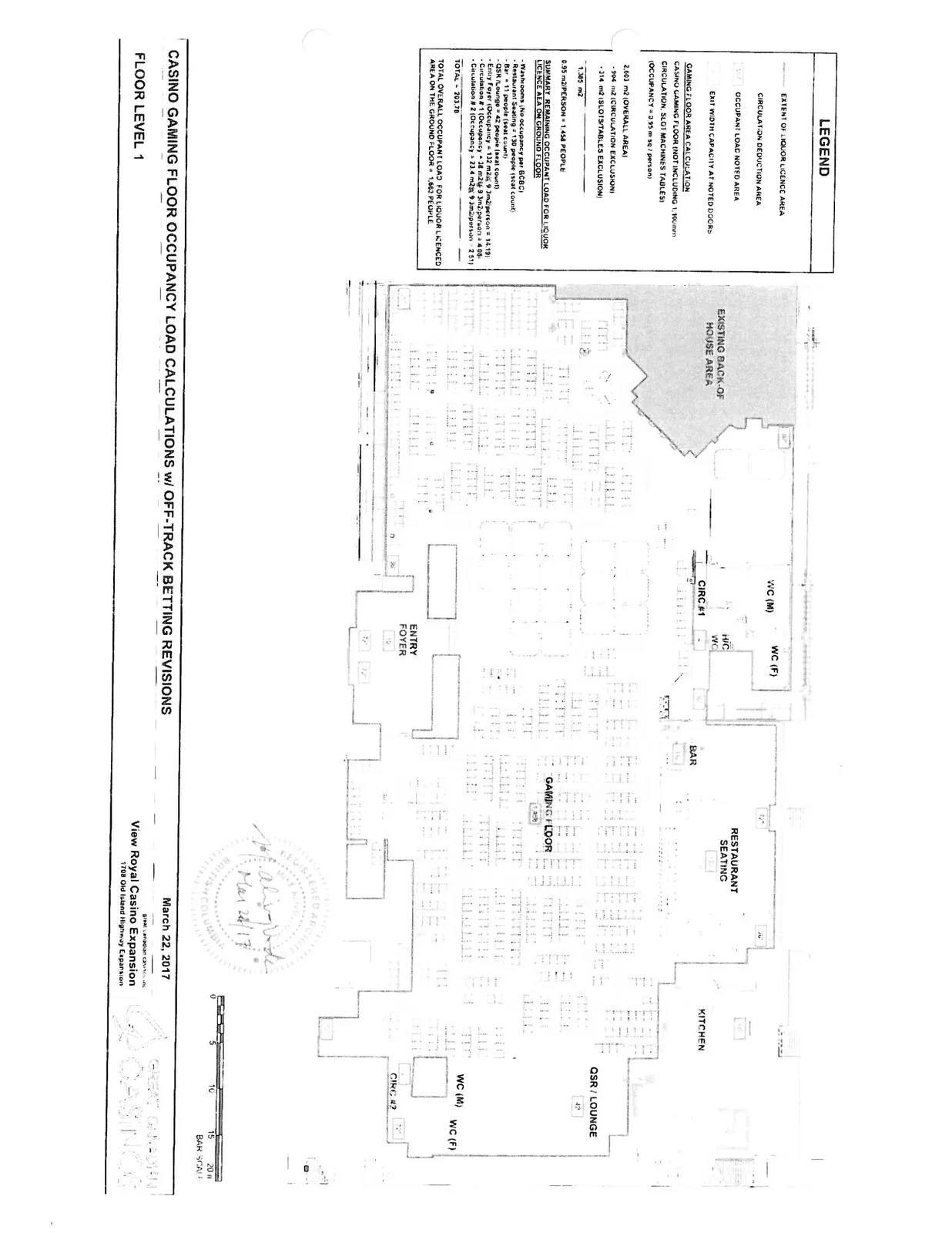 Floor level 1 floor plan diagram including LEGEND for liquor licence area, circulation deduction, and occupant load noted areas, with summary of occupant load for gaming floor, restaurant, bar, and QSR lounge