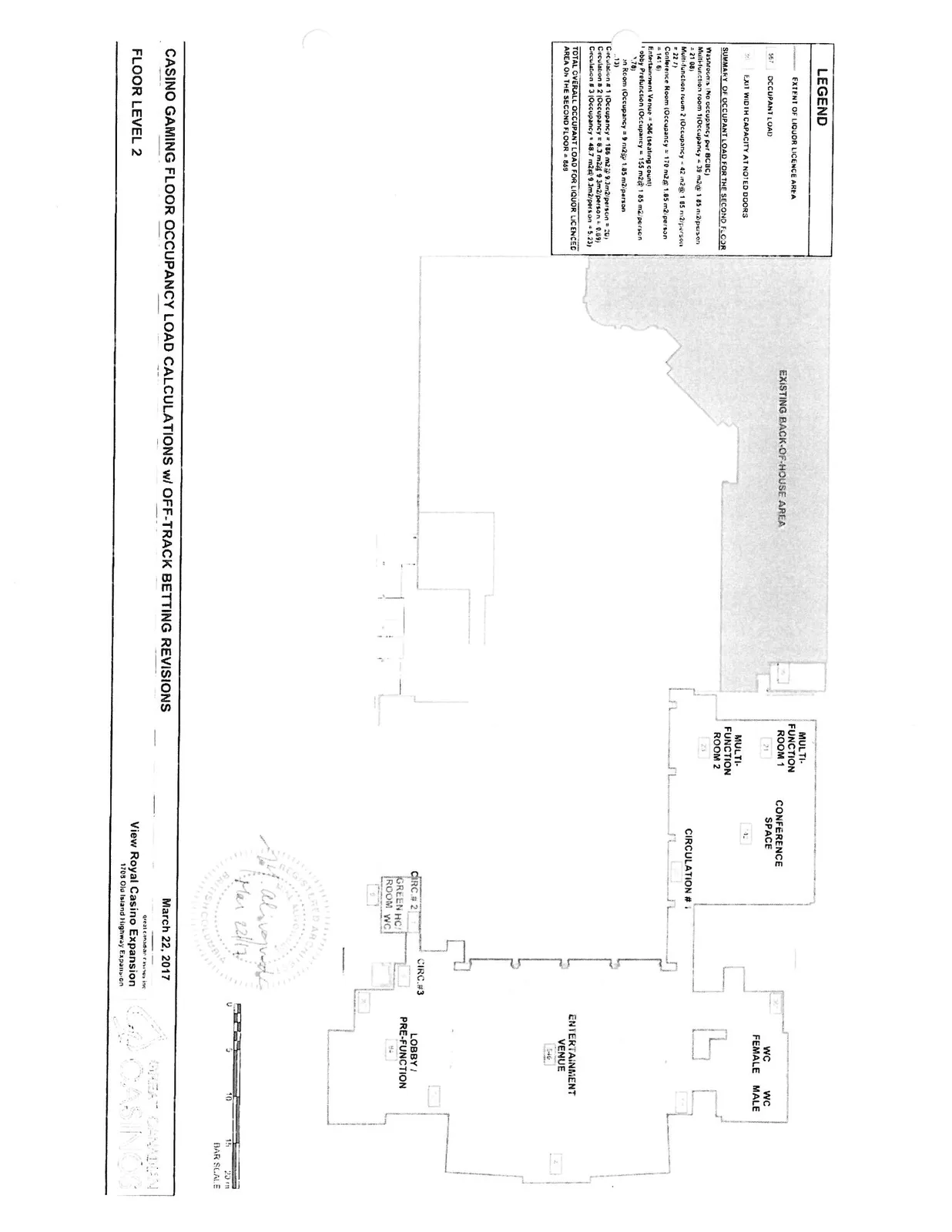 Floor level 2 floor plan diagram including LEGEND for liquor licence area and occupant load, with summary for multi-function rooms, conference space, and entertainment venue