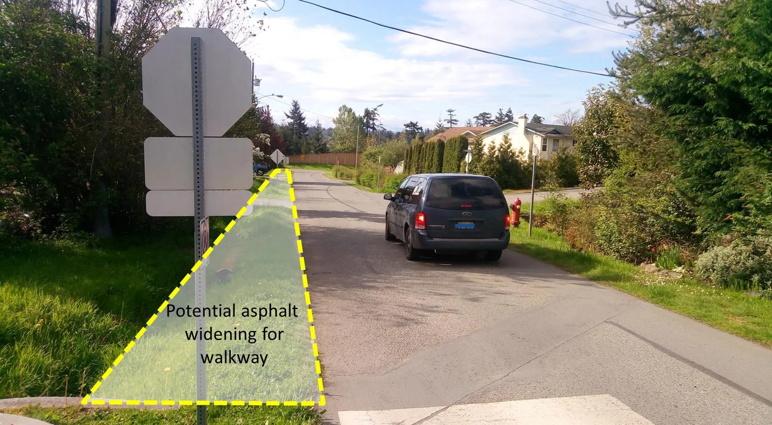 Ground-level photo of Camden Avenue at the Galloping Goose Trail crossing showing an area highlighted for potential asphalt widening for a walkway