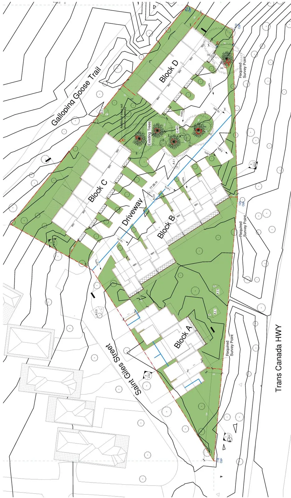 Site concept plan showing building Blocks A, B, C, and D, driveway access from St. Giles Street, and proximity to Galloping Goose Trail and Trans Canada Highway.