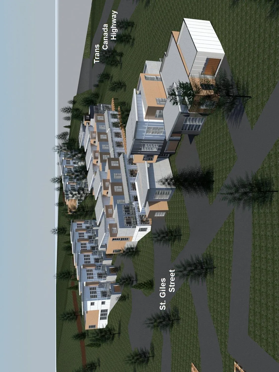 Architectural 3D rendering of the site development viewed from the southwest, showing building facades and their placement along St. Giles Street near the Trans Canada Highway.