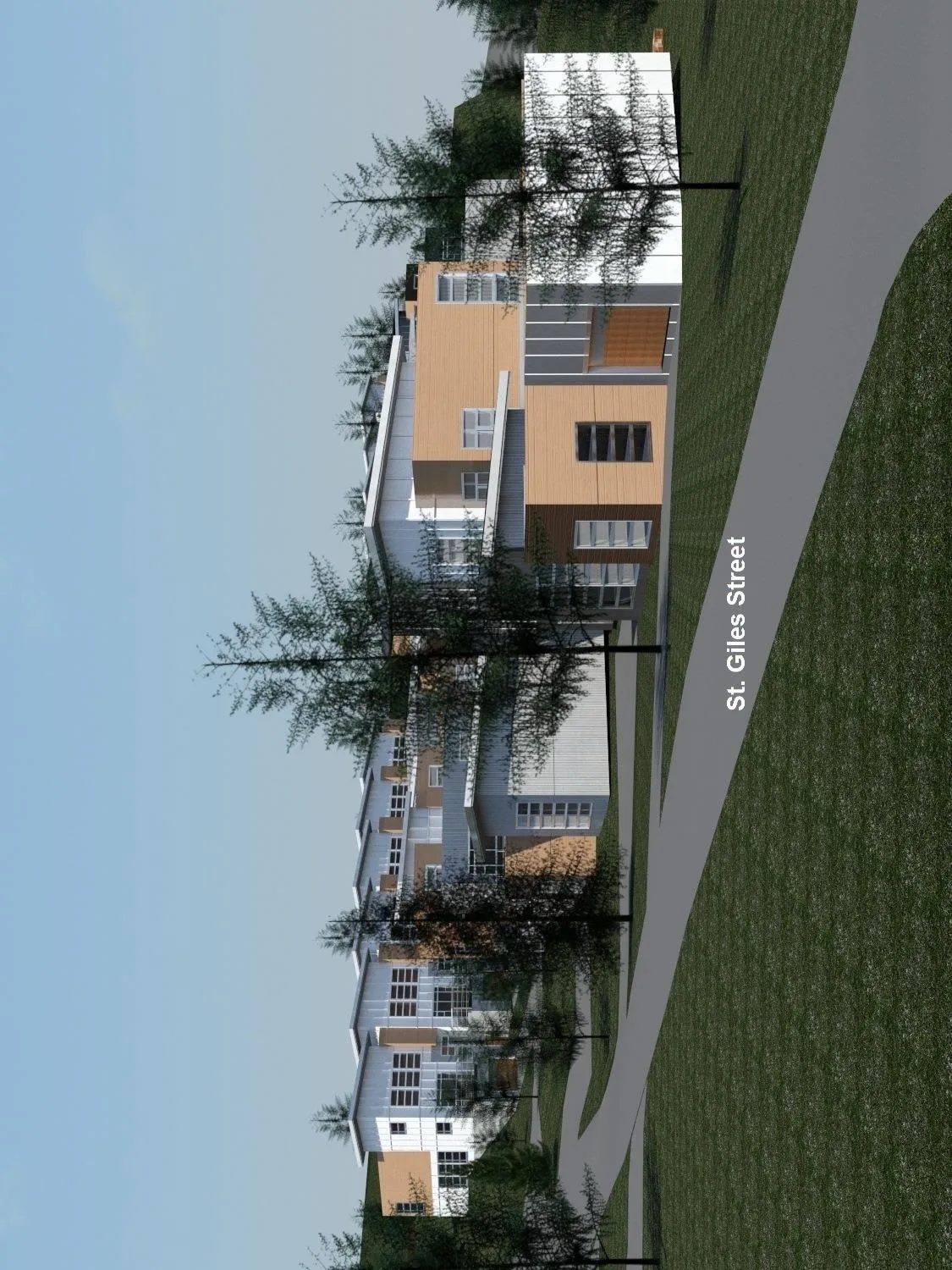 Architectural 3D rendering showing the view of the development from Camden Street, highlighting building elevation and the streetscape along St. Giles Street.