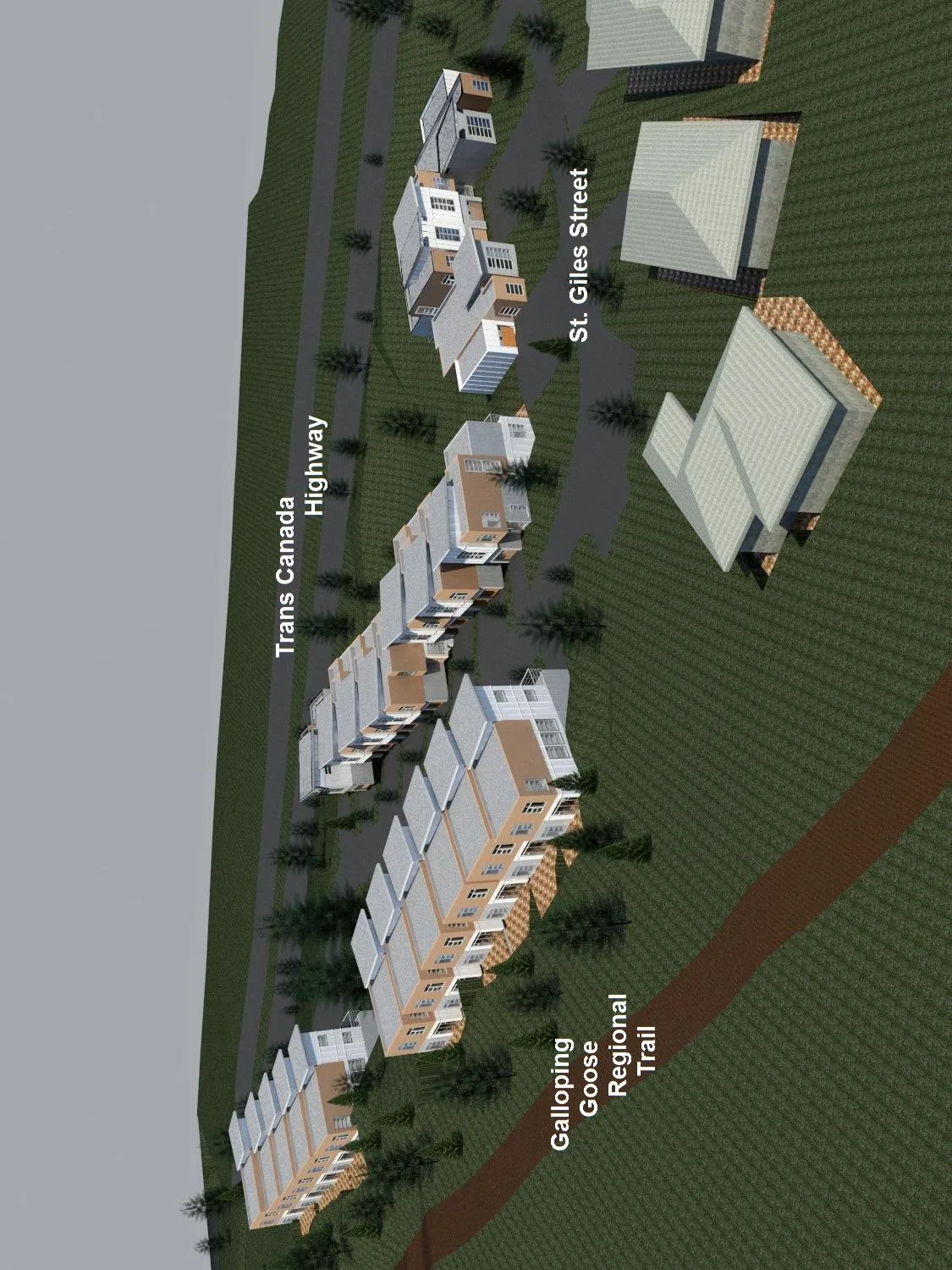 Architectural 3D rendering of the site development viewed from the northwest, showing the layout of the buildings between the Trans Canada Highway and the Galloping Goose Regional Trail.