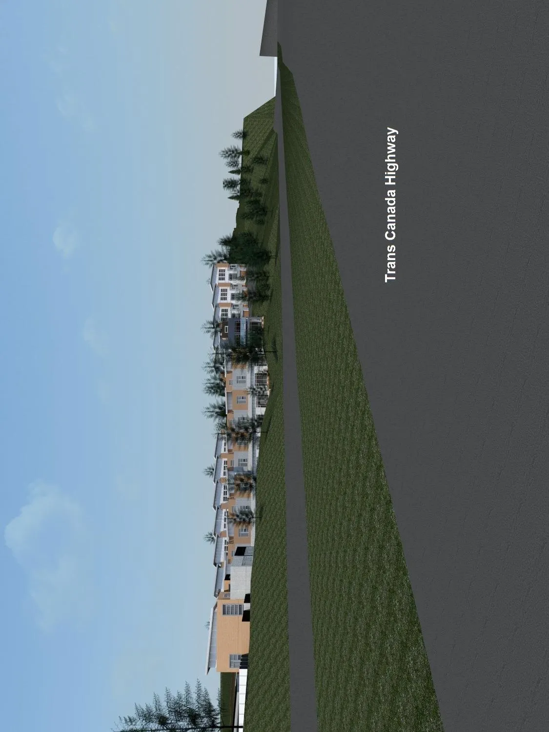 Architectural 3D rendering depicting the perspective of the development as seen from the Trans Canada Highway while traveling eastbound towards Victoria.