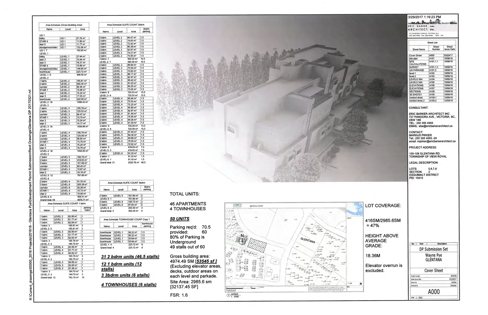 Cover sheet with project overview, area schedules, site context map, and 3D rendering