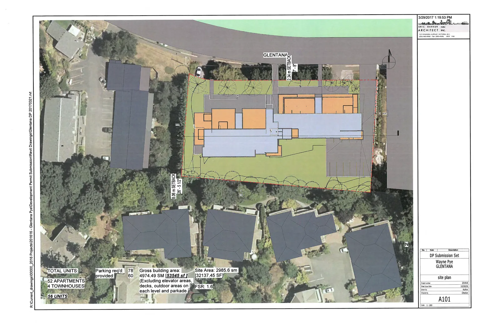 Site plan showing building layout, parking area, and landscaping