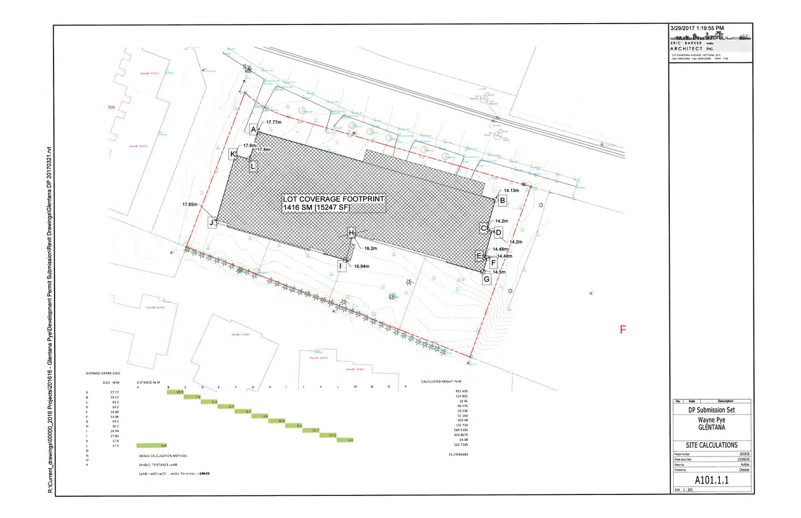 Diagram showing lot coverage footprint and average grade calculation points