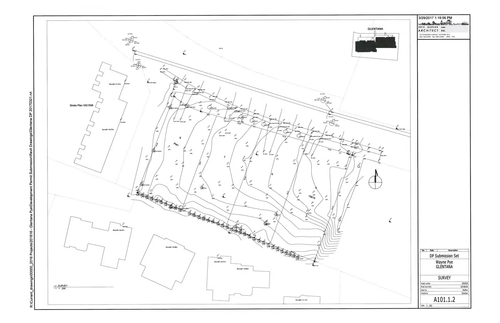 Topographical survey map showing elevations and existing structures