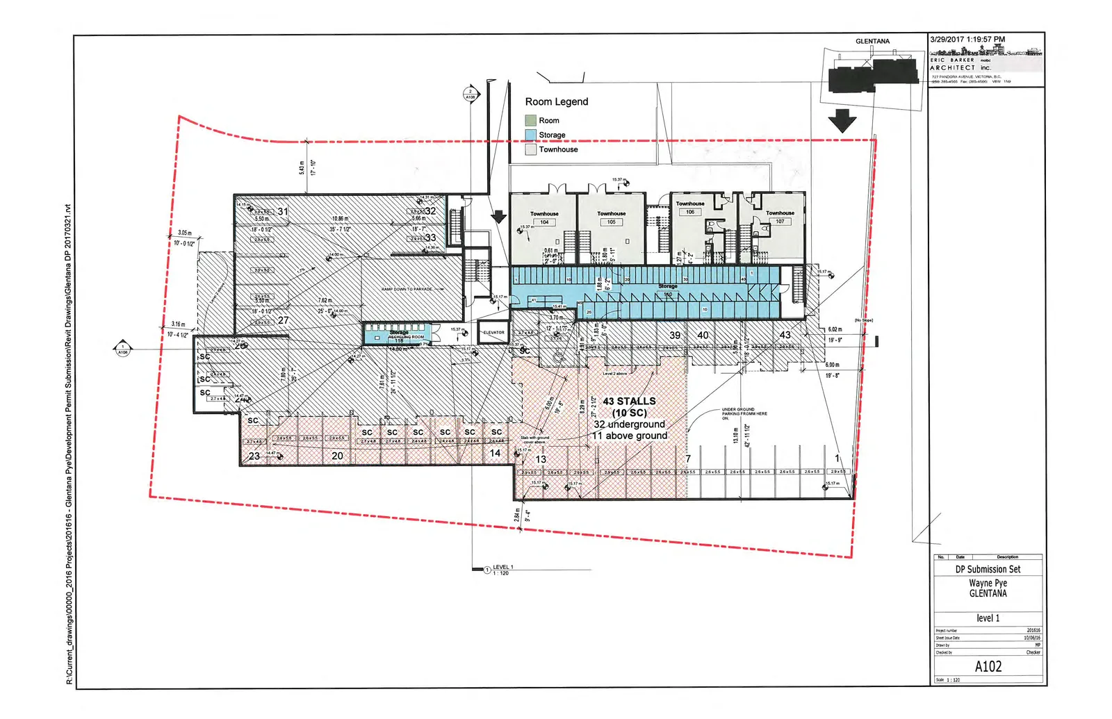Level 1 floor plan showing townhouses and parking stalls