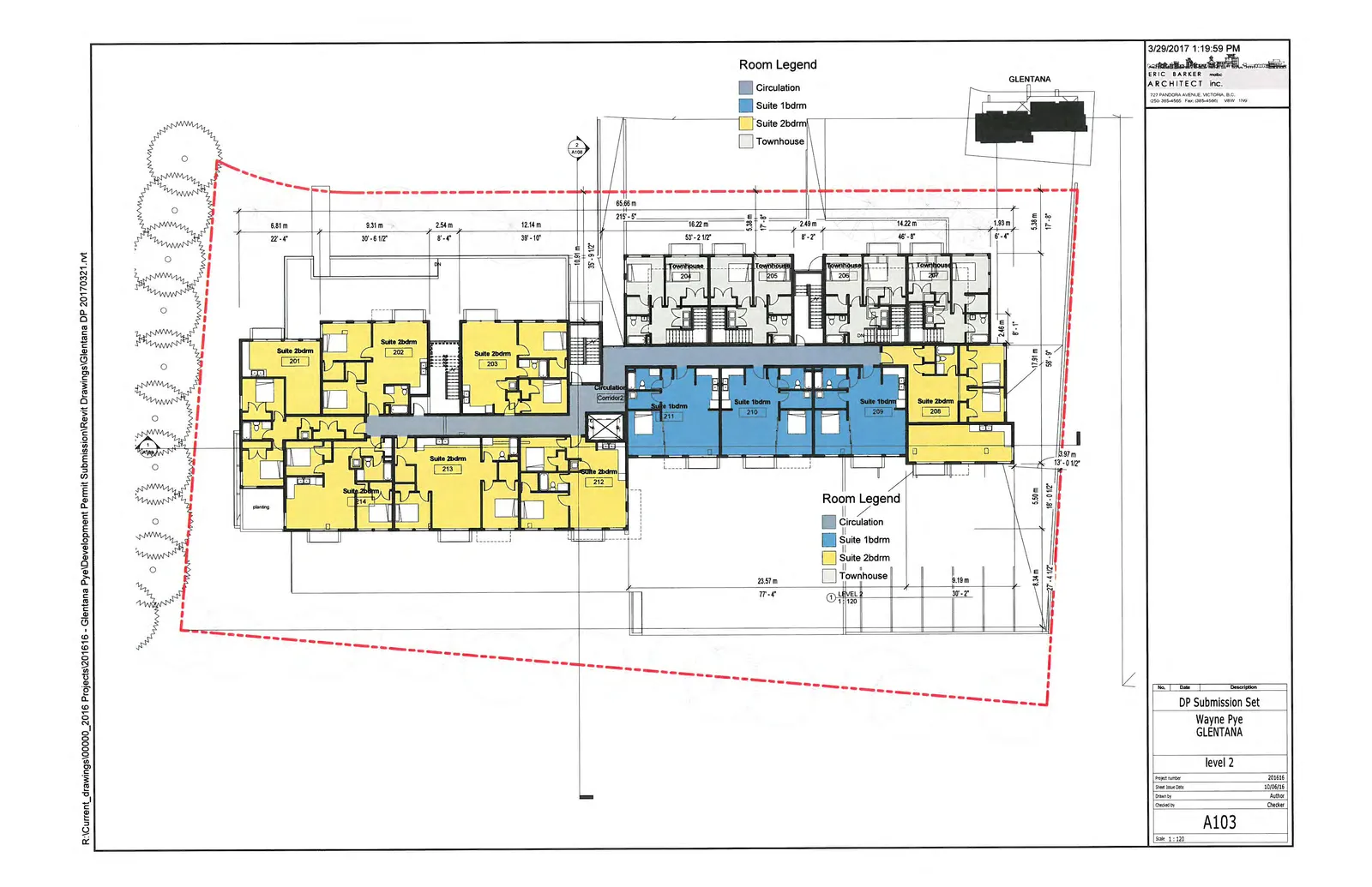 Level 2 floor plan including suites 201-214 and townhouse upper levels