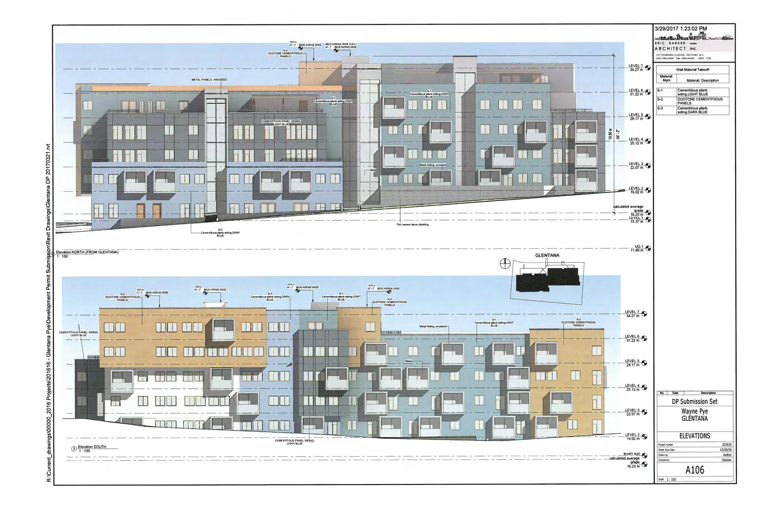 North and South building elevations with material callouts