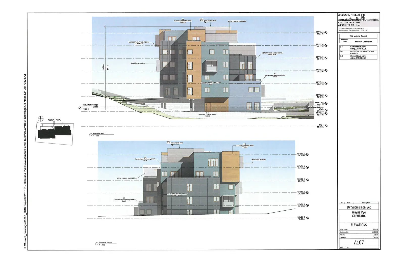 East and West building elevations