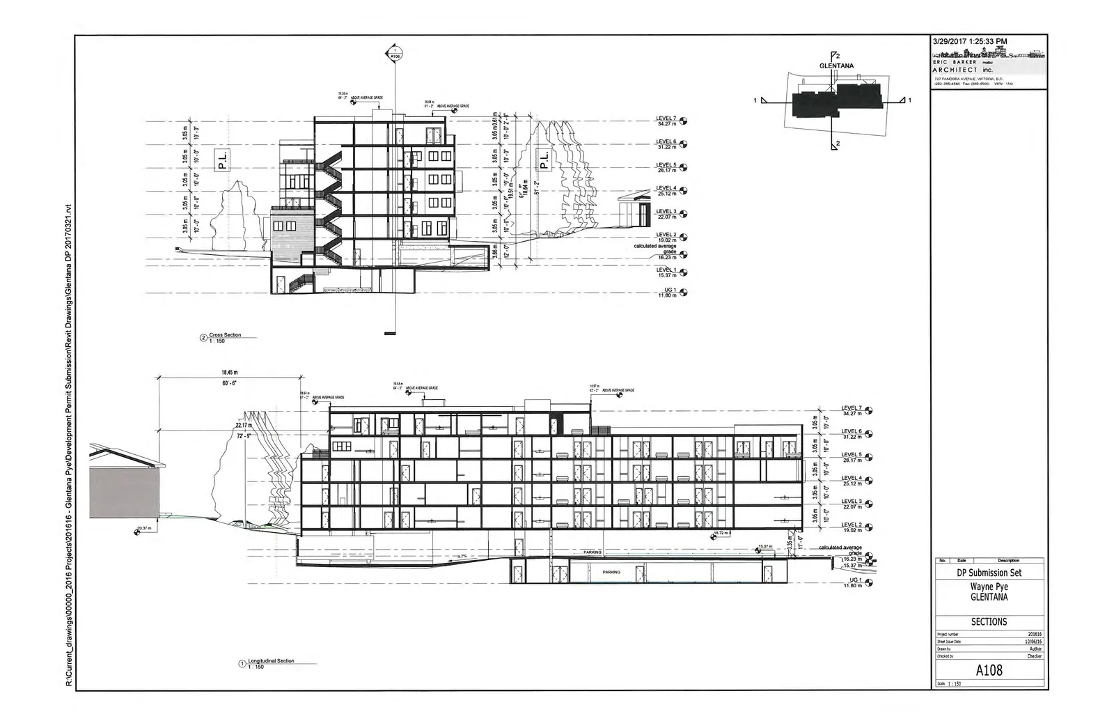 Architectural cross and longitudinal sections showing floor heights and grade