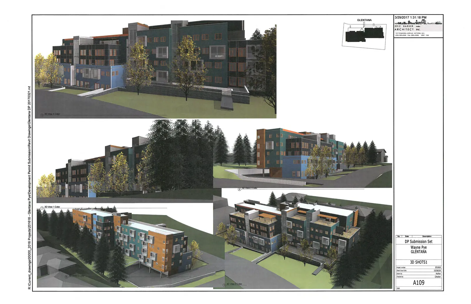 Group of four 3D architectural renderings of the proposed building