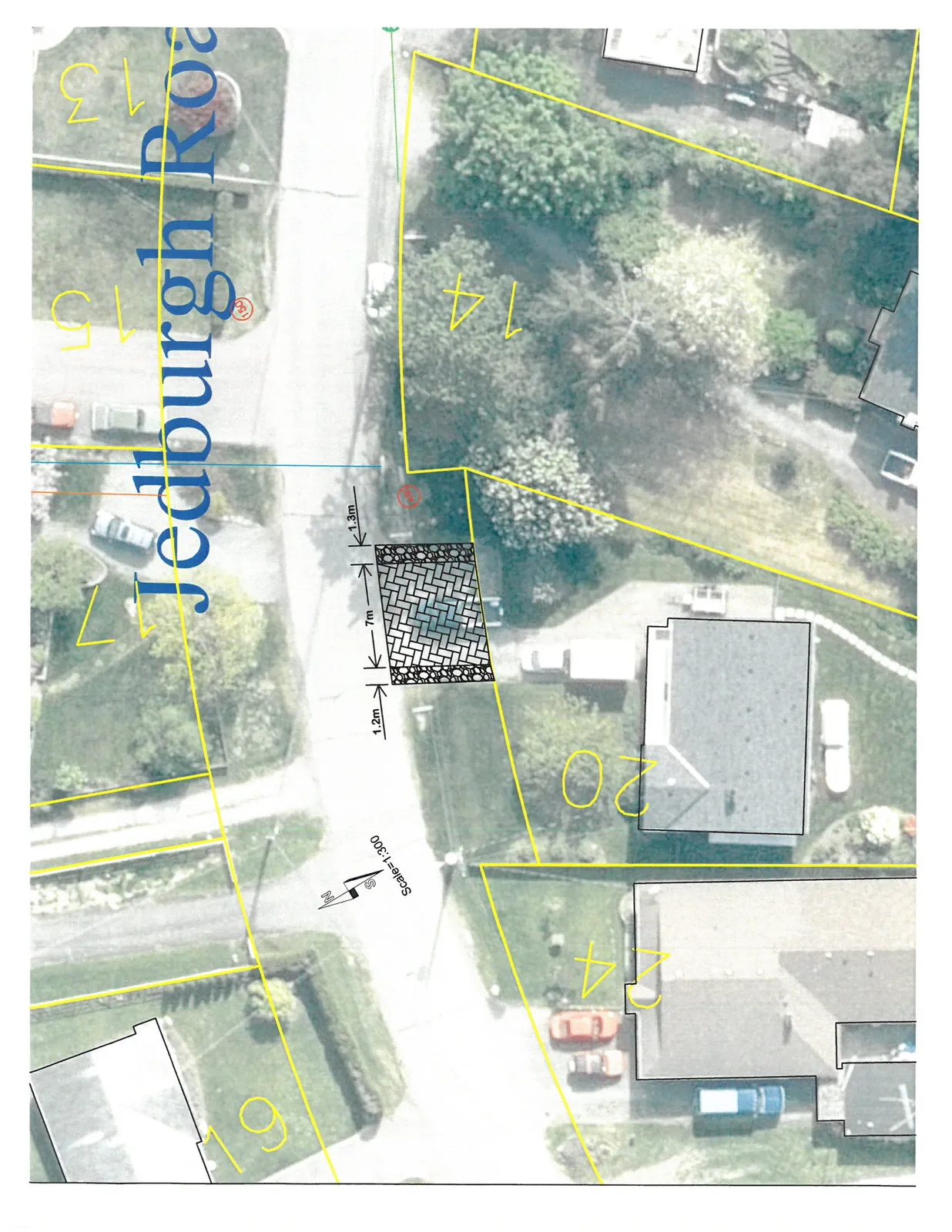 Aerial map of Jedburgh Road showing a proposed driveway modification with marked dimensions of 1.2m, 7m, and 1.3m.
