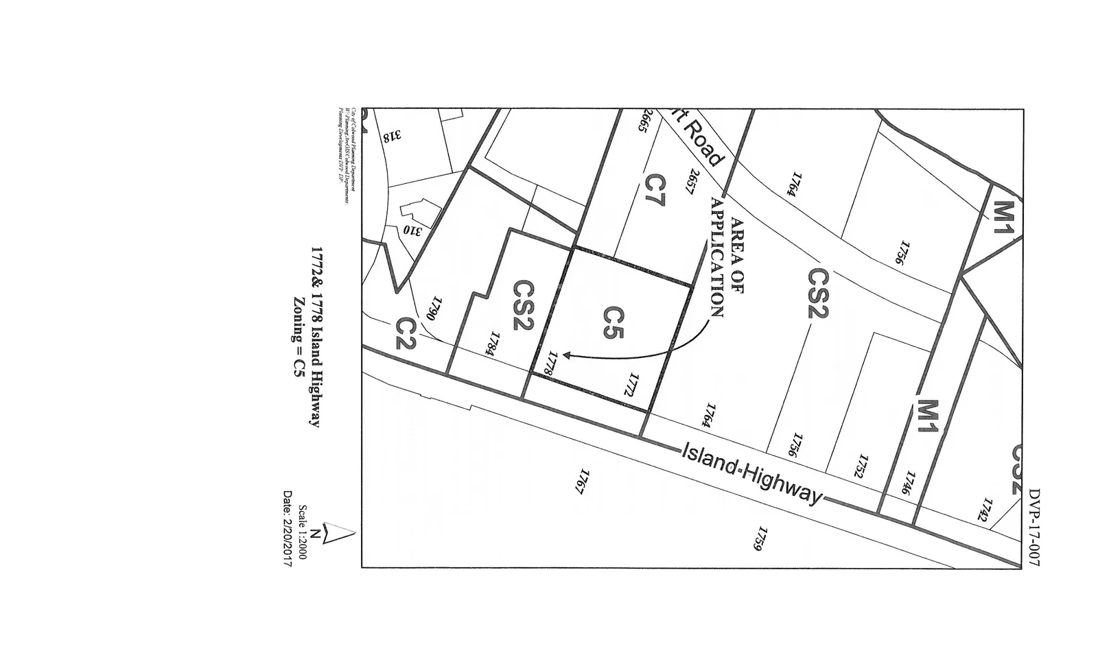 Map identifying 1772 and 1778 Island Highway as the Area of Application with C5 Zoning