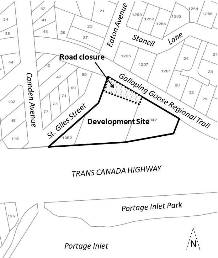 Location plan map showing the Development Site at 1342/1352 Trans Canada Highway, bounded by St. Giles Street and the Galloping Goose Regional Trail. The map also indicates a proposed road closure, Camden Avenue, Eaton Avenue, Stancil Lane, and proximity to Portage Inlet Park.