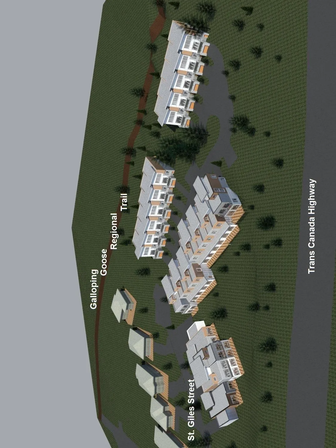 3D architectural rendering showing a bird's eye view of the proposed building development from the south, illustrating several multi-story residential buildings situated between the Trans Canada Highway and the Galloping Goose Regional Trail, with access near St. Giles Street.