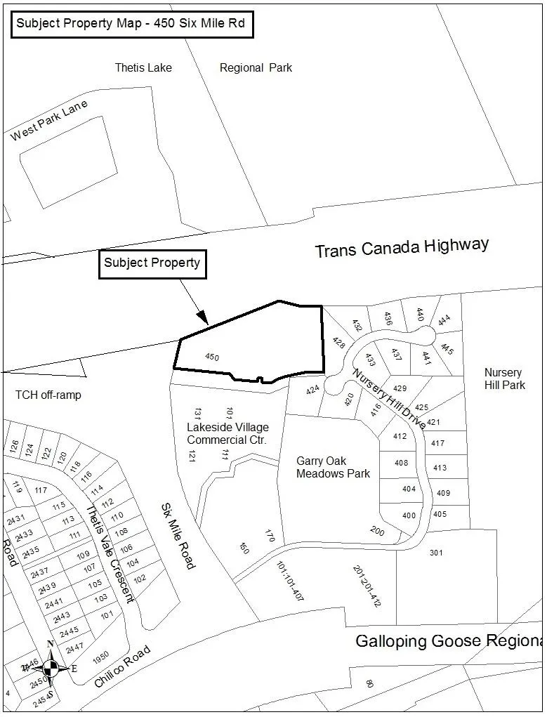 Subject Property Map for 450 Six Mile Rd, showing the property location adjacent to the Trans Canada Highway, Garry Oak Meadows Park, and the Lakeside Village Commercial Centre.