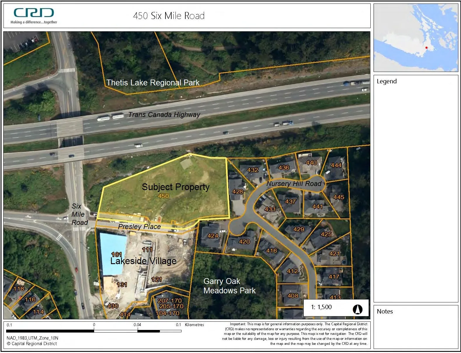 Aerial map showing the "Subject Property" at 450 Six Mile Road. The map highlights its location relative to the Trans Canada Highway, Thetis Lake Regional Park, Six Mile Road, Presley Place, Nursery Hill Road, Lakeside Village, and Garry Oak Meadows Park. The map includes an inset locator map, property boundaries with parcel numbers, and a scale bar.