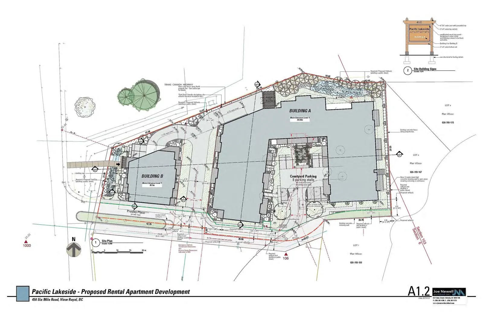Site Plan showing Building A and Building B on the property with parking, landscaping, and setbacks from Six Mile Road and Trans Canada Highway.