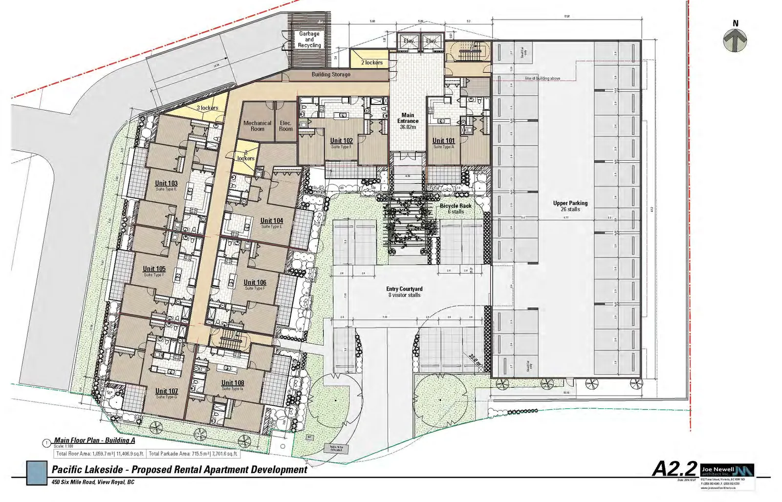 Main Floor Plan for Building A, detailing residential units, the main entrance, and the upper parking deck.