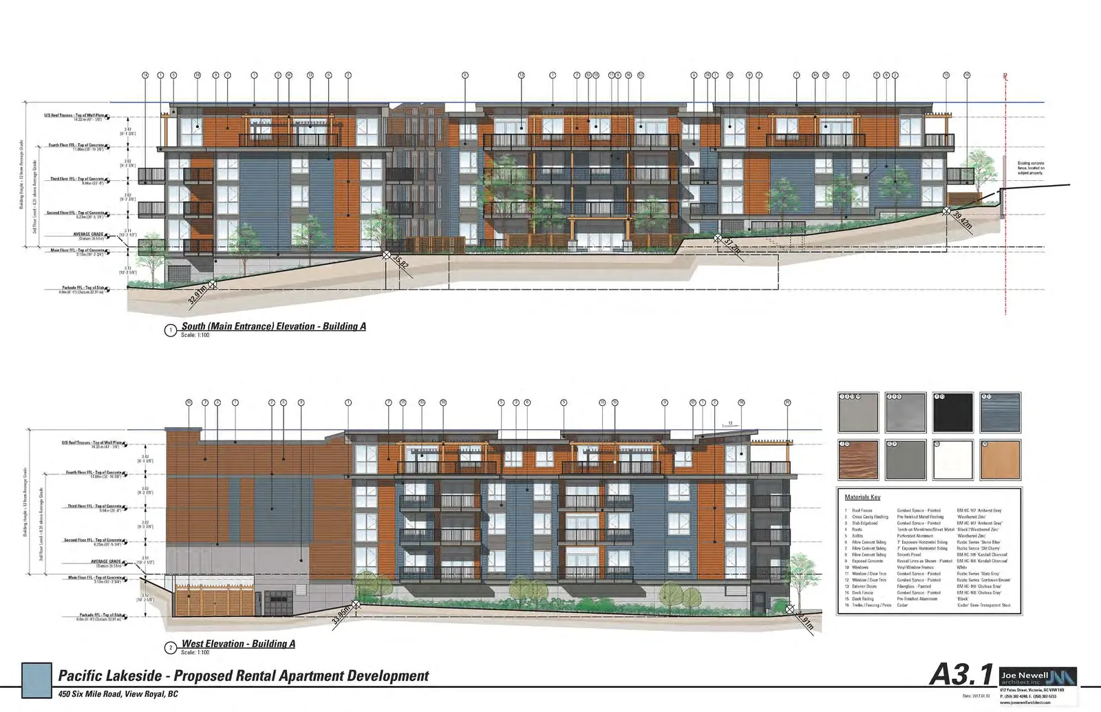 South (Main Entrance) and West elevations of Building A.