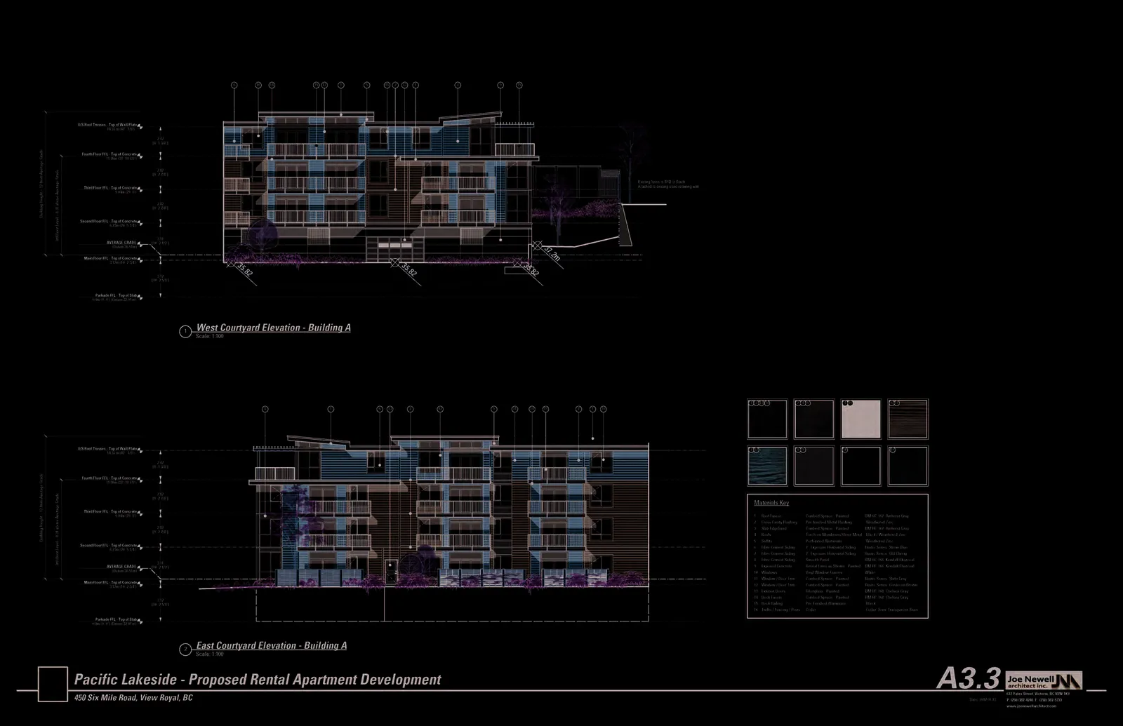 West Courtyard and East Courtyard elevations of Building A.