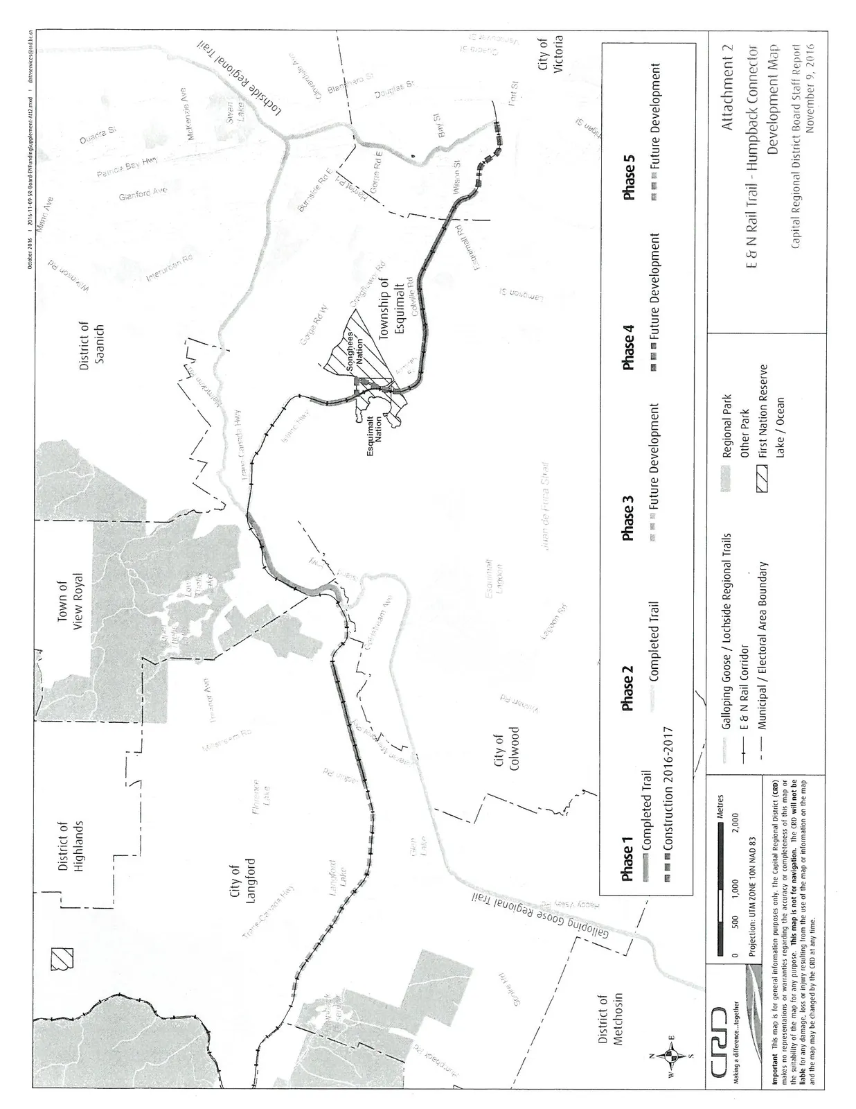 Development map for the E & N Rail Trail - Humpback Connector showing five phases of development spanning across several municipalities including Langford, Colwood, View Royal, Saanich, Esquimalt, and Victoria. The map identifies completed sections, sections under construction for 2016-2017, and future development phases.