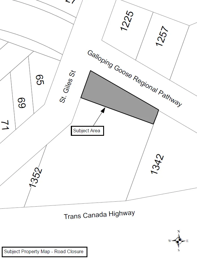 Subject Property Map - Road Closure, showing a shaded grey "Subject Area" located at the intersection of St. Giles St and the Galloping Goose Regional Pathway. The map also displays surrounding property numbers 1225, 1257, 1342, 1352, 65, 69, 71, and 27, with the Trans Canada Highway located to the south.