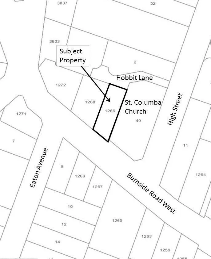 Map showing the Subject Property at 1266 Burnside Road West, bordered by Hobbit Lane and located near St. Columba Church, Eaton Avenue, and High Street