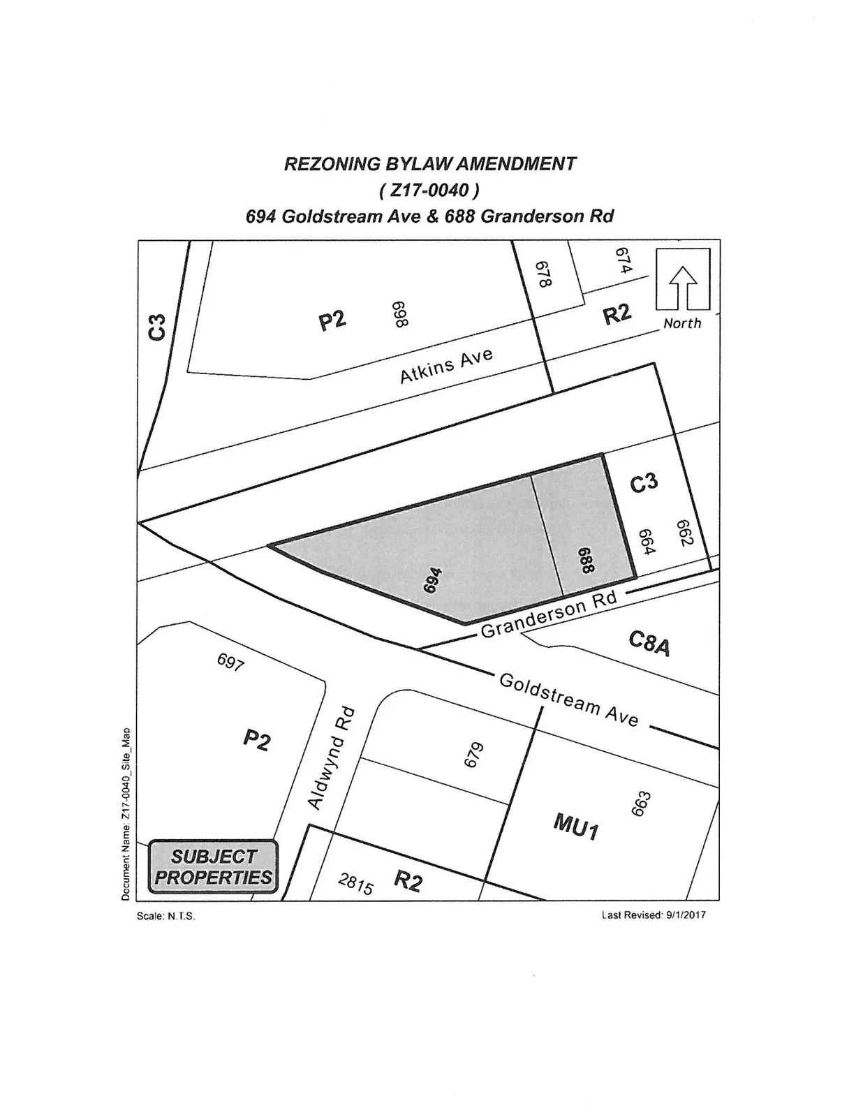 Map showing the subject properties at 694 Goldstream Ave and 688 Granderson Rd, including surrounding streets Atkins Ave, Granderson Rd, Goldstream Ave, and Aldwynd Rd, and adjacent zoning designations C3, P2, R2, C8A, and MU1.