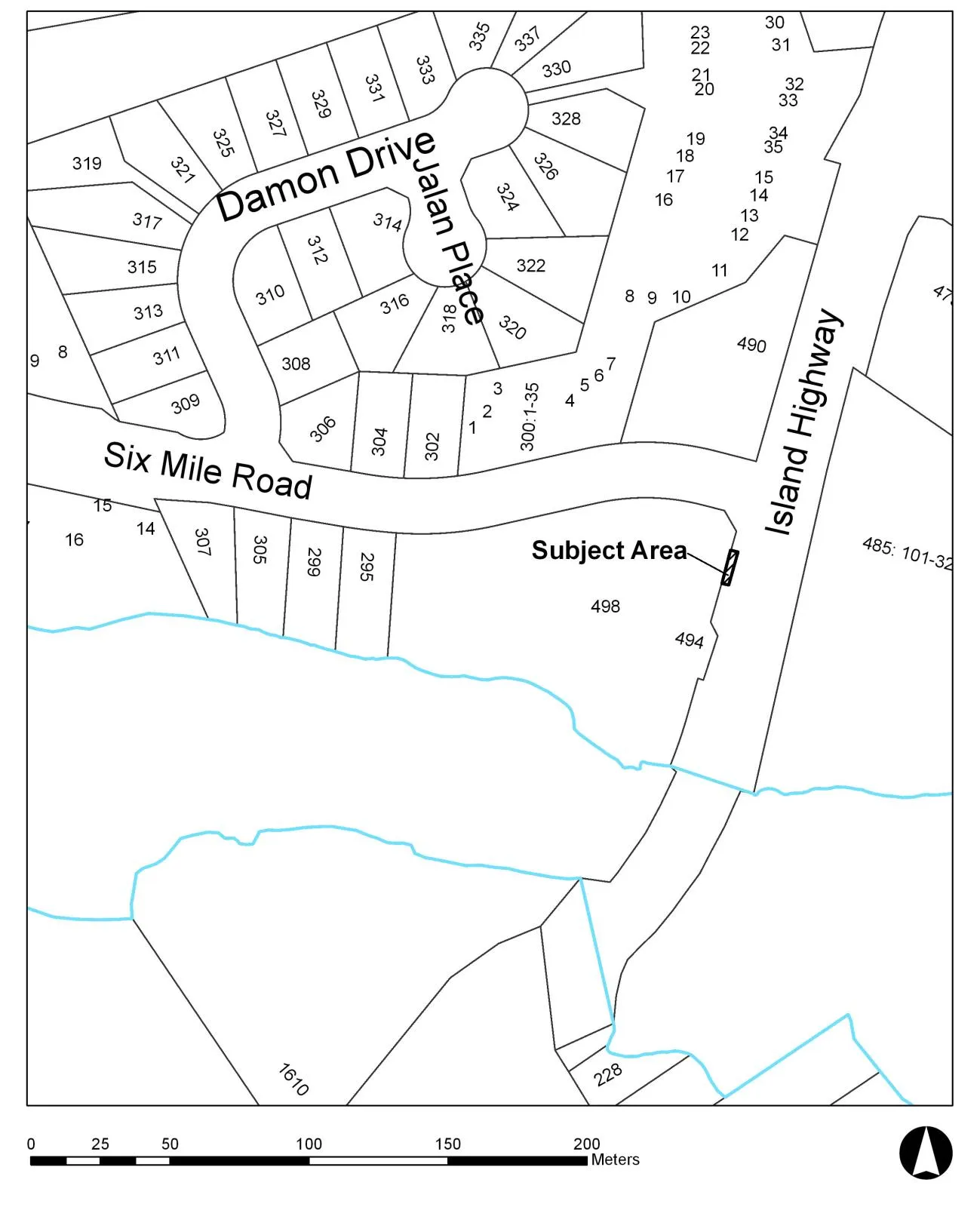Map showing the Subject Area on Island Highway, adjacent to 494 and 498 Island Highway, near Six Mile Road and Damon Drive