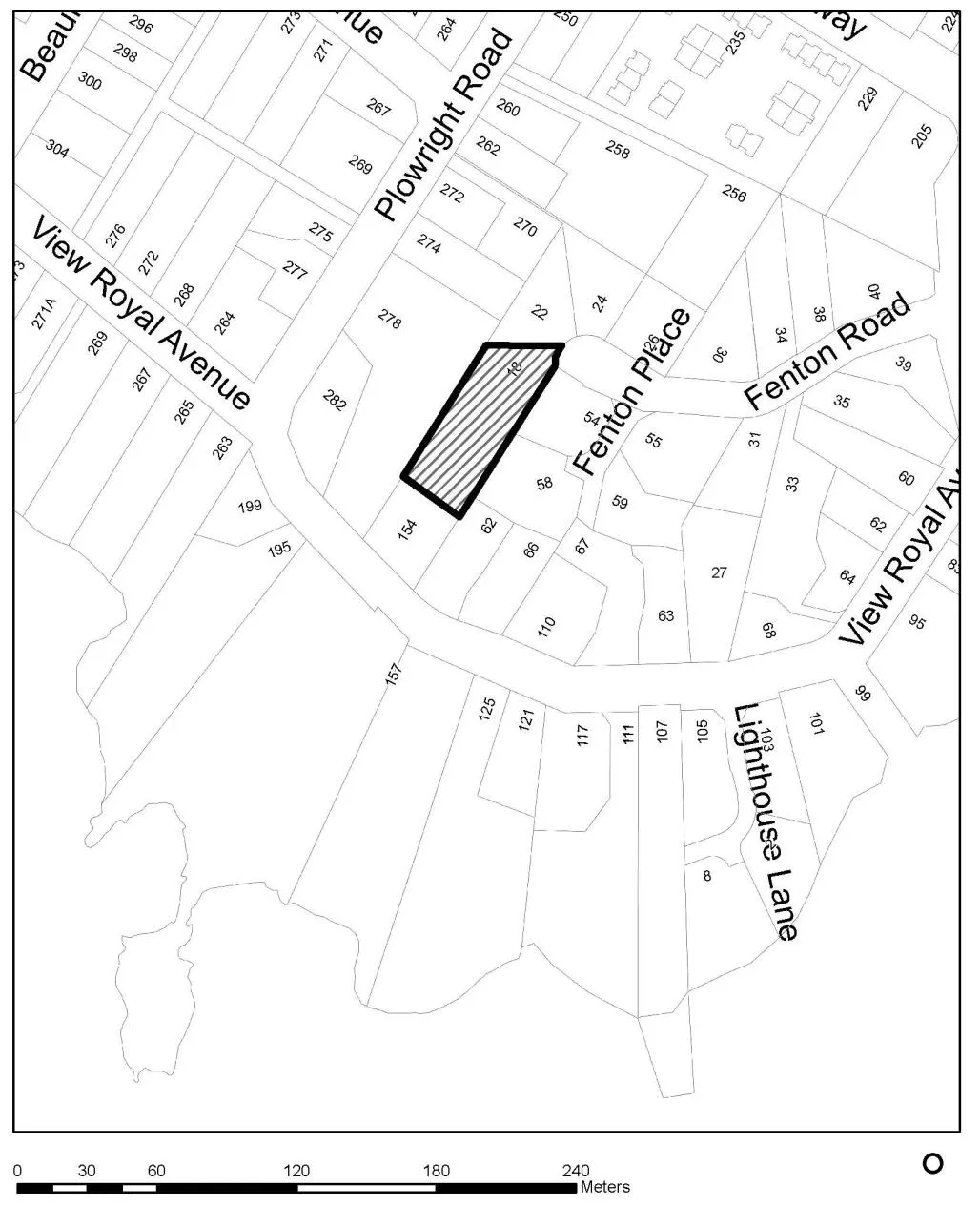 Subject Property Map showing lot 18 Fenton Road and the surrounding street network including Plowright Road, View Royal Avenue, Fenton Place, and Lighthouse Lane