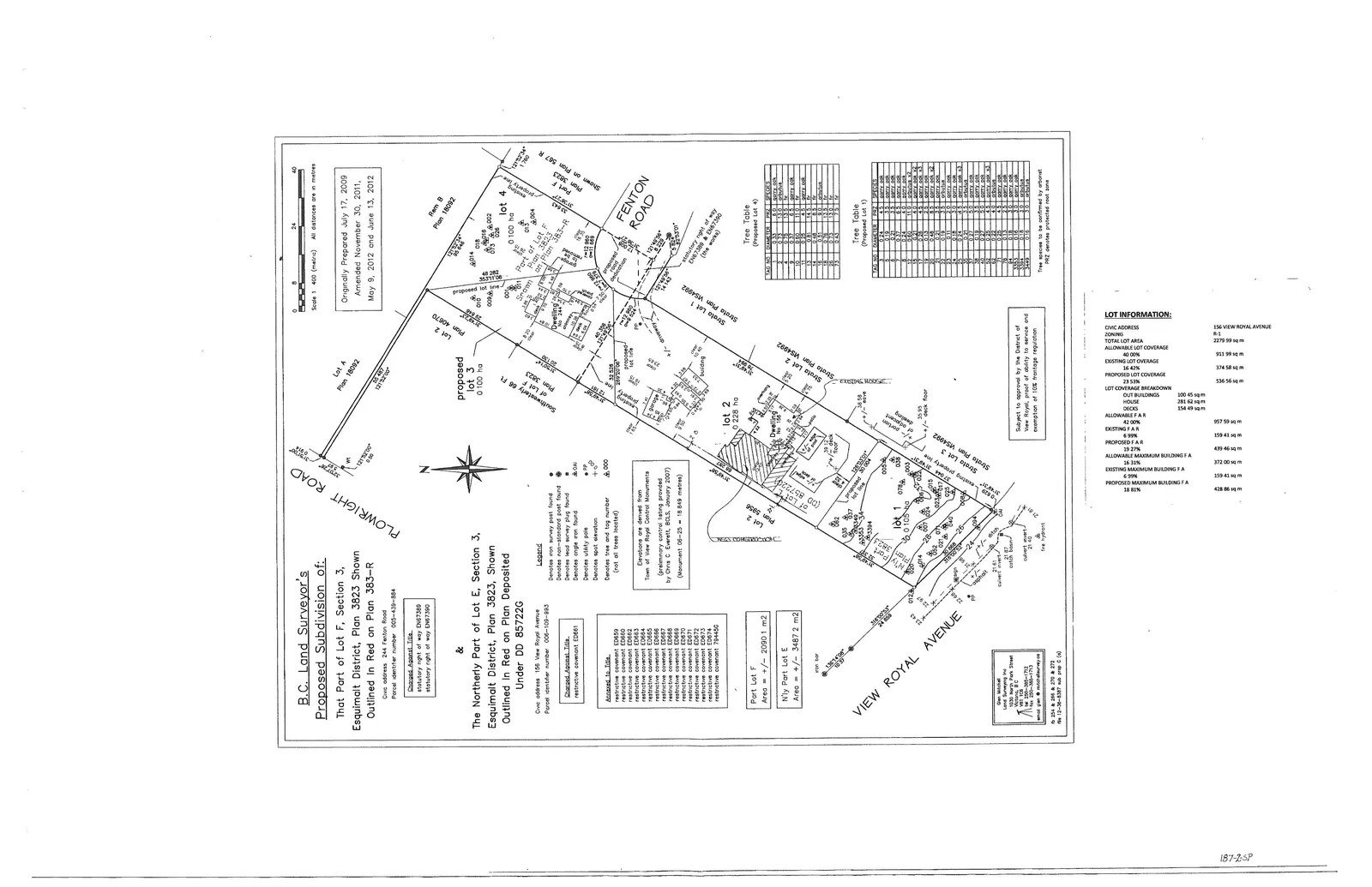 Survey plan for proposed subdivision of property at 156 View Royal Avenue and 244 Fenton Road, showing four proposed lots and adjacent streets Plowright Road and Fenton Road