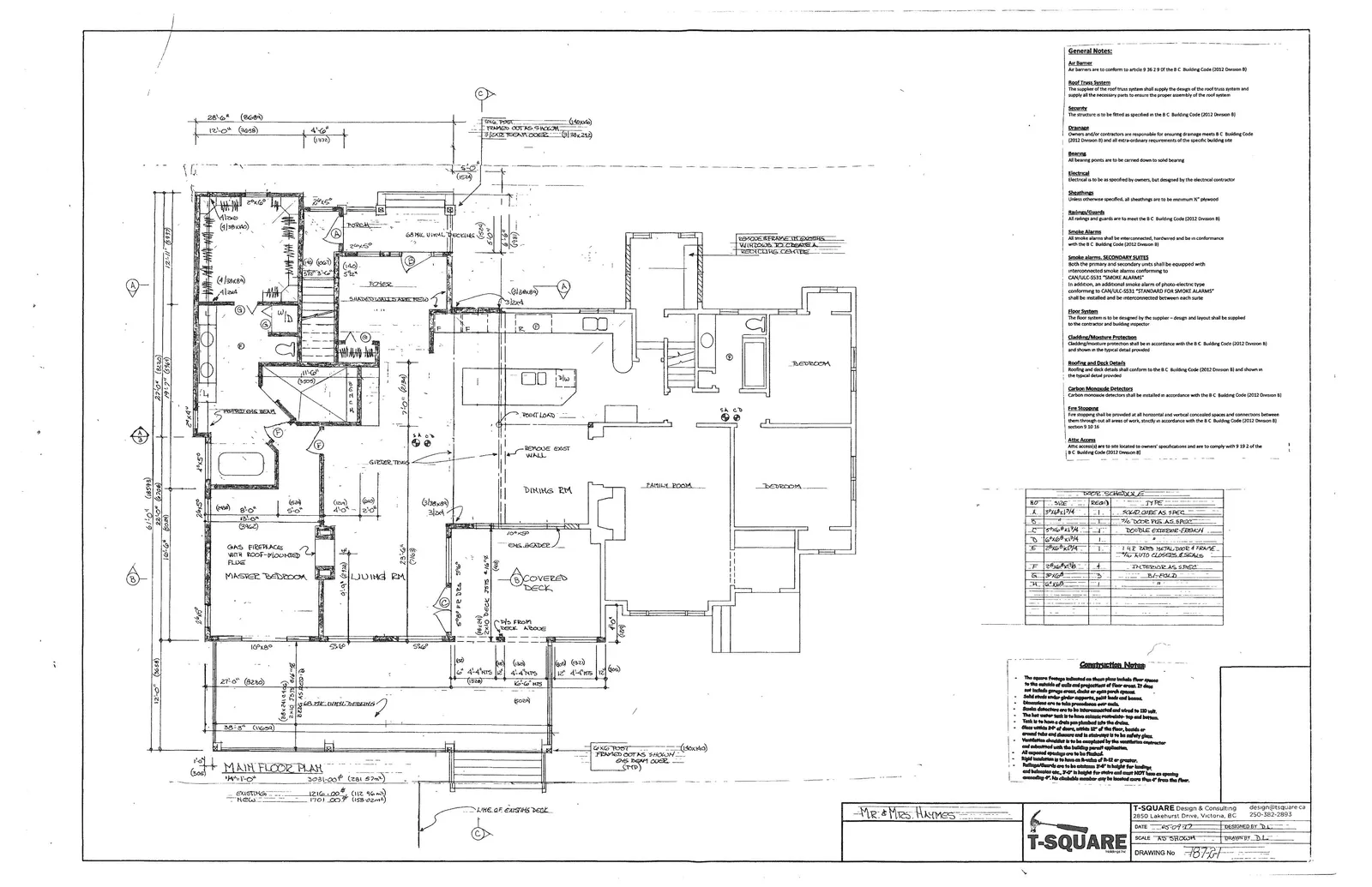 Detailed architectural drawing titled "MAIN FLOOR PLAN" for a residence belonging to Mr. & Mrs. Haymes. The plan includes room layouts for a Master Bedroom, Living Room, Dining Room, Family Room, Bedrooms, Foyer, and a Covered Deck. It also features a Door Schedule, General Notes, and Construction Notes.