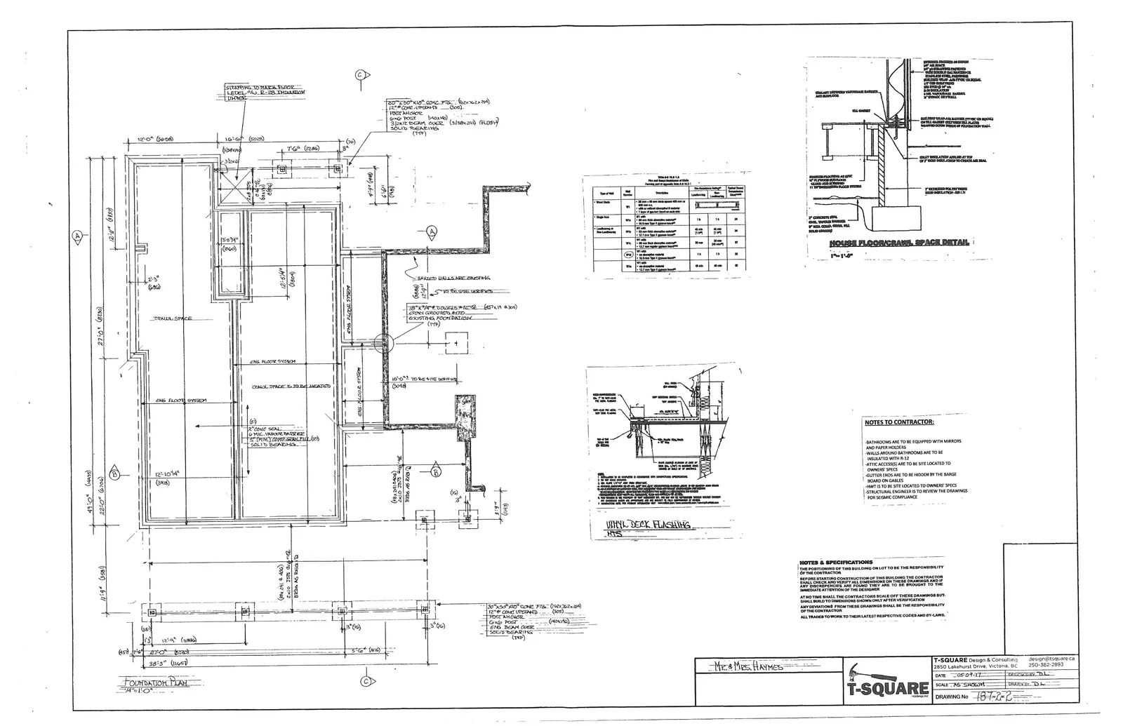 Foundation Plan architectural drawing including details for house floor/crawl space and vinyl deck flashing