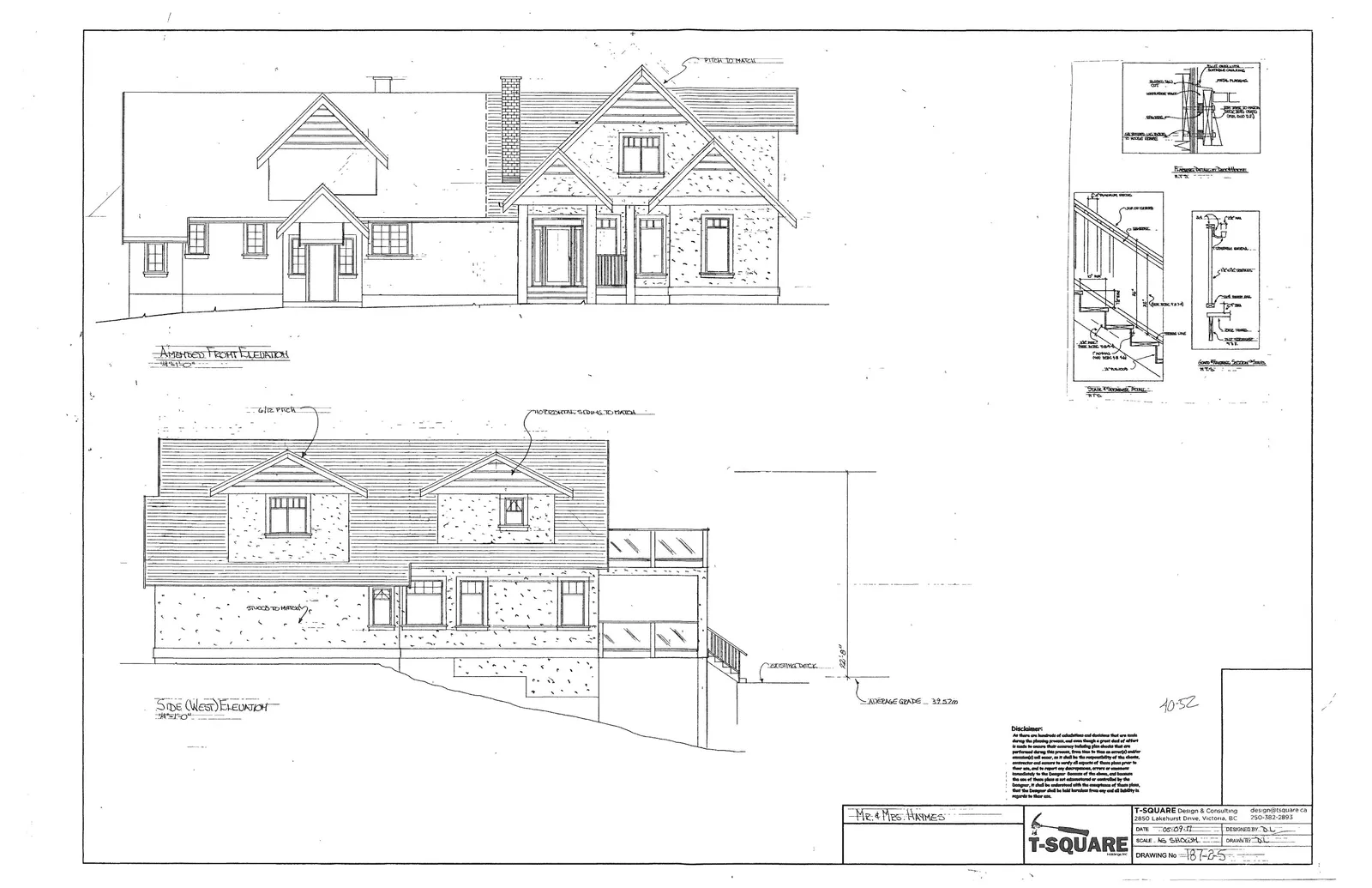 Architectural drawing showing the amended front elevation and side (west) elevation for a residence, including specific construction details for flashing and railings.