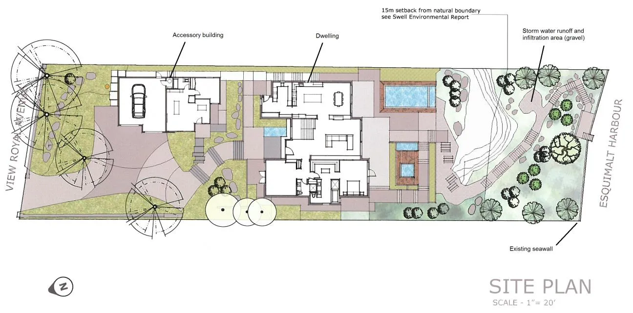 Site Plan showing dwelling, accessory building, and 15m setback from natural boundary