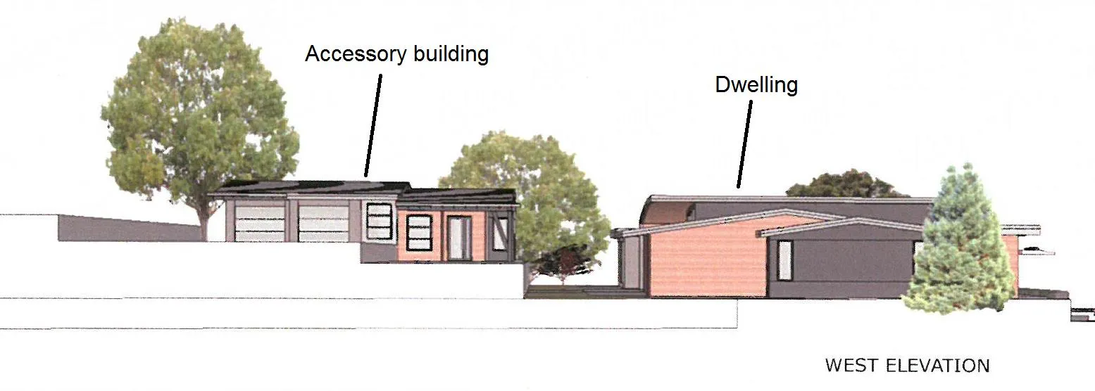 West elevation rendering showing the accessory building and dwelling relative to site topography