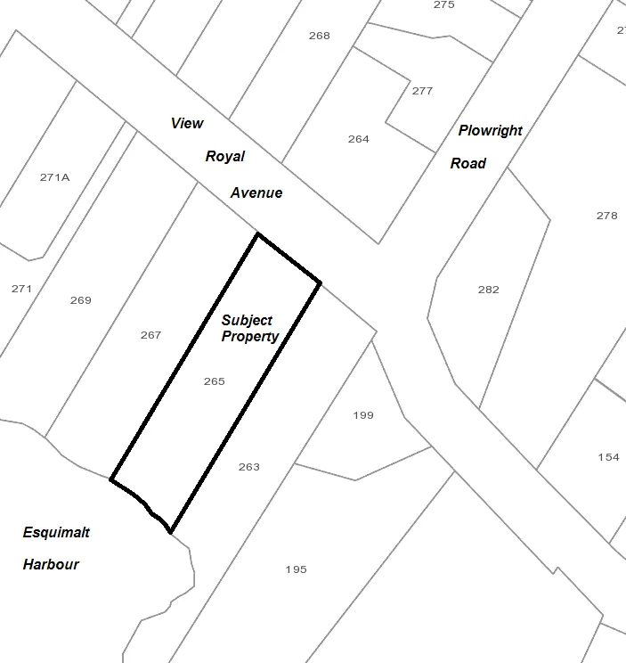 Map showing the Subject Property at 265 View Royal Avenue, situated between View Royal Avenue and Esquimalt Harbour.