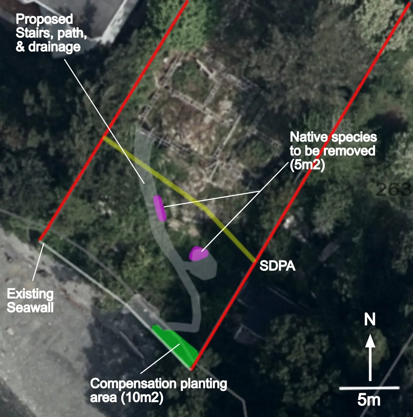 Aerial map showing the footprint of the proposed path, stairs, drainage, and native plant removal area, as well as the compensation planting area and the SDPA boundary.